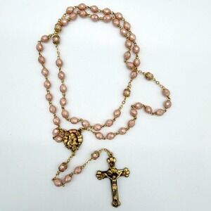 Vintage Pink Bead Rose Rosary Necklace Gold Tone Crucifix Catholic Devotional
